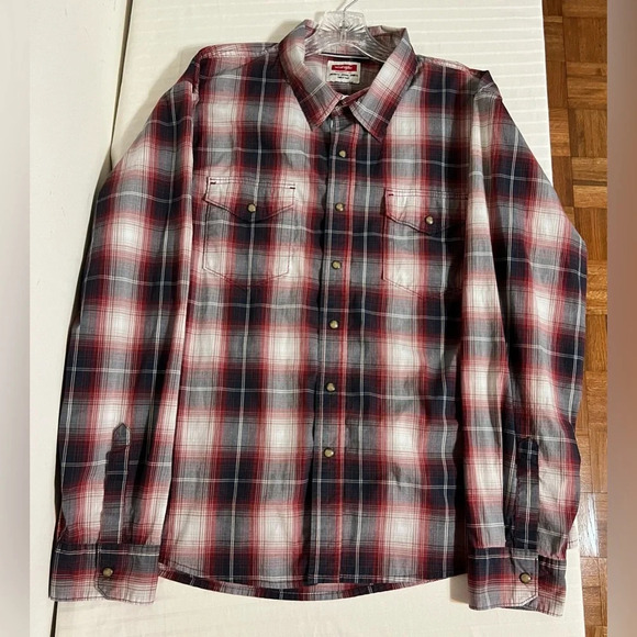 Wrangler Slim Fit Stretch Plaid Pearl Snap Shirt. Red Blue White XXL 2XL R1 - Picture 6 of 15